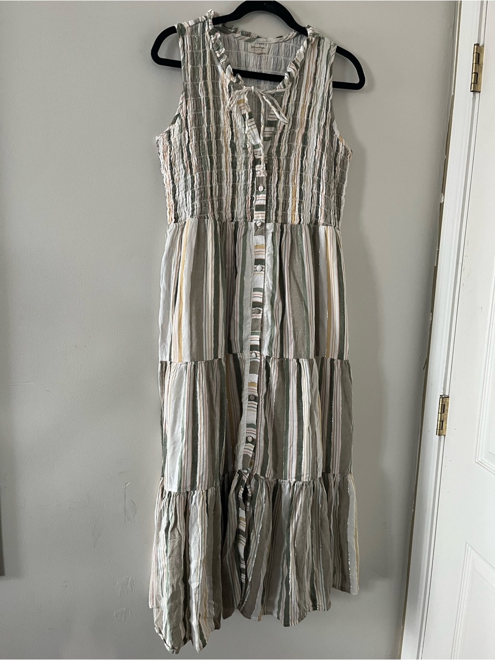 Green White Striped Cotton Tiered Button Up Maxi Dress Small Coastal Resort